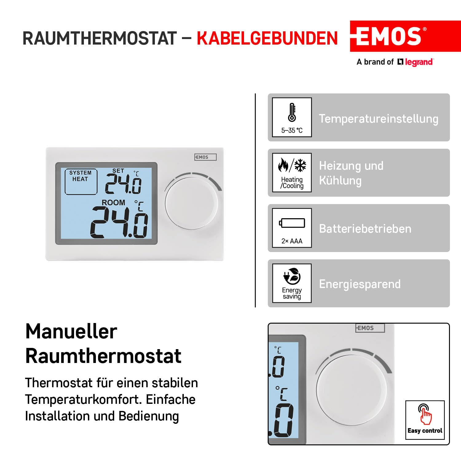 EMOS - Digital Room Thermostat with LCD Display - Manual, Wired - Heating and Cooling Systems - Temperature Control 5-35 °C - Surface-Mounted - Simple Operation - Battery incl. - White