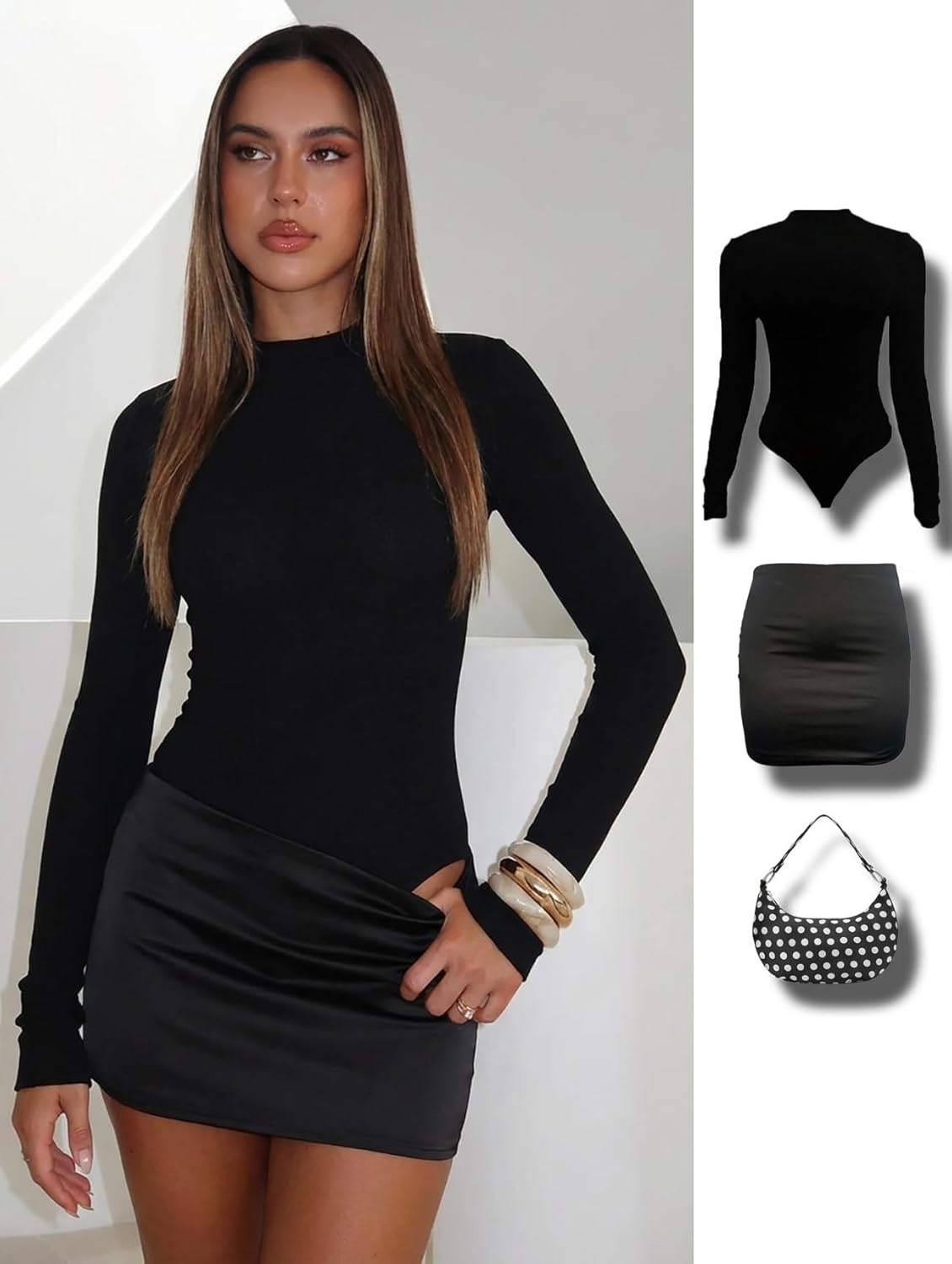 Womens Bodycon 2 Piece Mini Skirt Set Long Sleeve Mock Neck Bodysuit Top Layered Satin Mini Skirts Party Club Dresses - Image 2