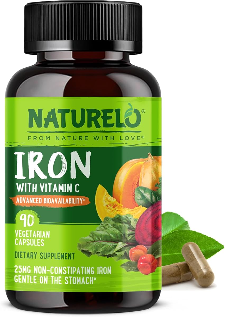 NATURELO Vegan Iron Supplement with Vitamin C and Organic Whole Foods - Gentle Iron Pills for Women & Men with Iron Deficiency Including Pregnancy, Anemia and Vegan Diets - 90 Mini Capsules