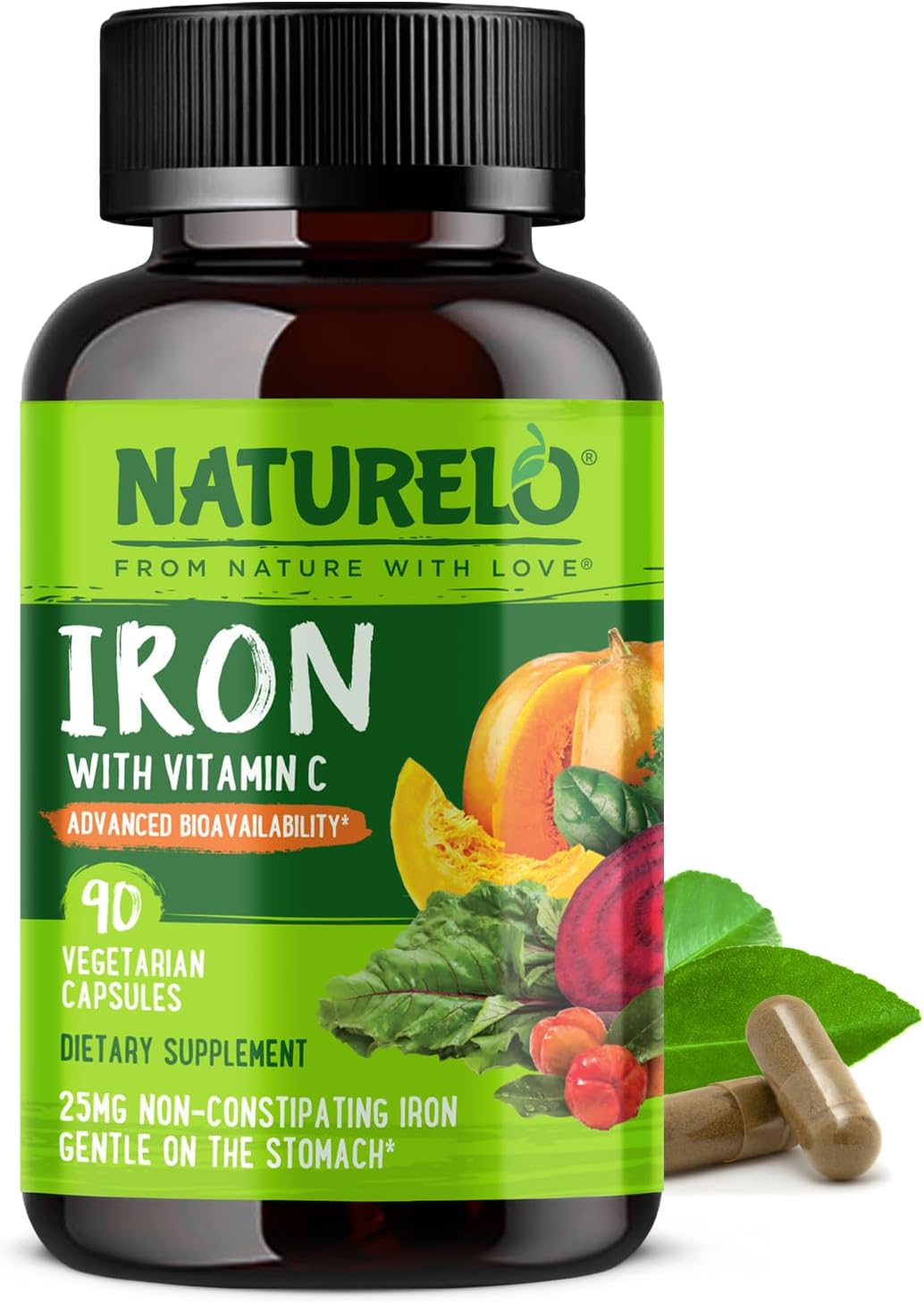 Vegan Iron Supplement with Vitamin C and Organic Whole Foods - Gentle Iron Pills for Women & Men with Iron Deficiency Including Pregnancy, Anemia and Vegan Diets - 90 Mini Capsules