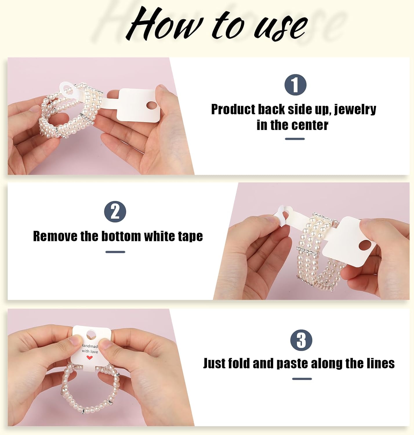 Thinp 100 Pcs Keychain Packaging,Self Adhesive Keychain Display Card Handmade with Love Blank Cards Bracelet Display Cards 4X1.5“ Hanging Displays Card for Jewelry Keychains