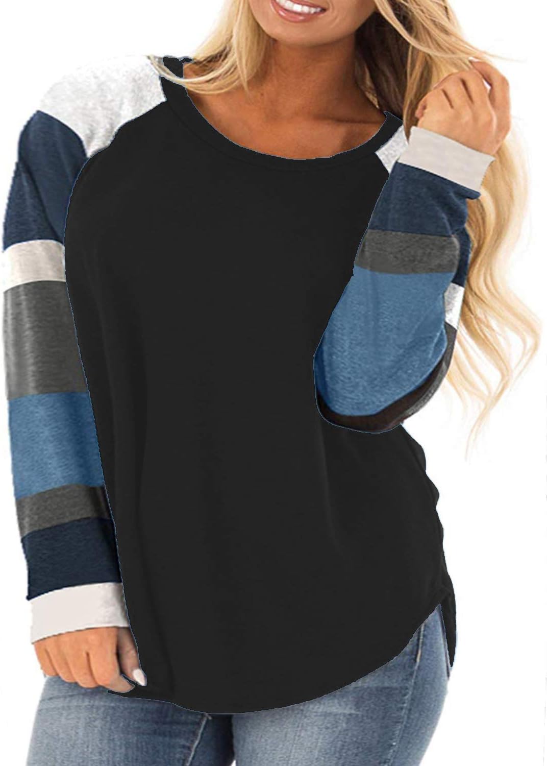 ROSRISS Womens Plus Size Long Sleeve Tunic Crewneck Colorblock Striped Tee Shirt