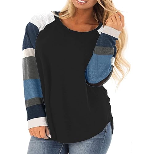 ROSRISS Womens Plus Size Long Sleeve Tunic Crewneck Colorblock Striped Tee Shirt