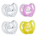 Tommee Tippee Ultra-Light Silicone Pacifier, 6-18 Months, Symmetrical One-Piece Design, BPA-Free Silicone Binkies, Clear/Pink/Yellow, Pack of 4