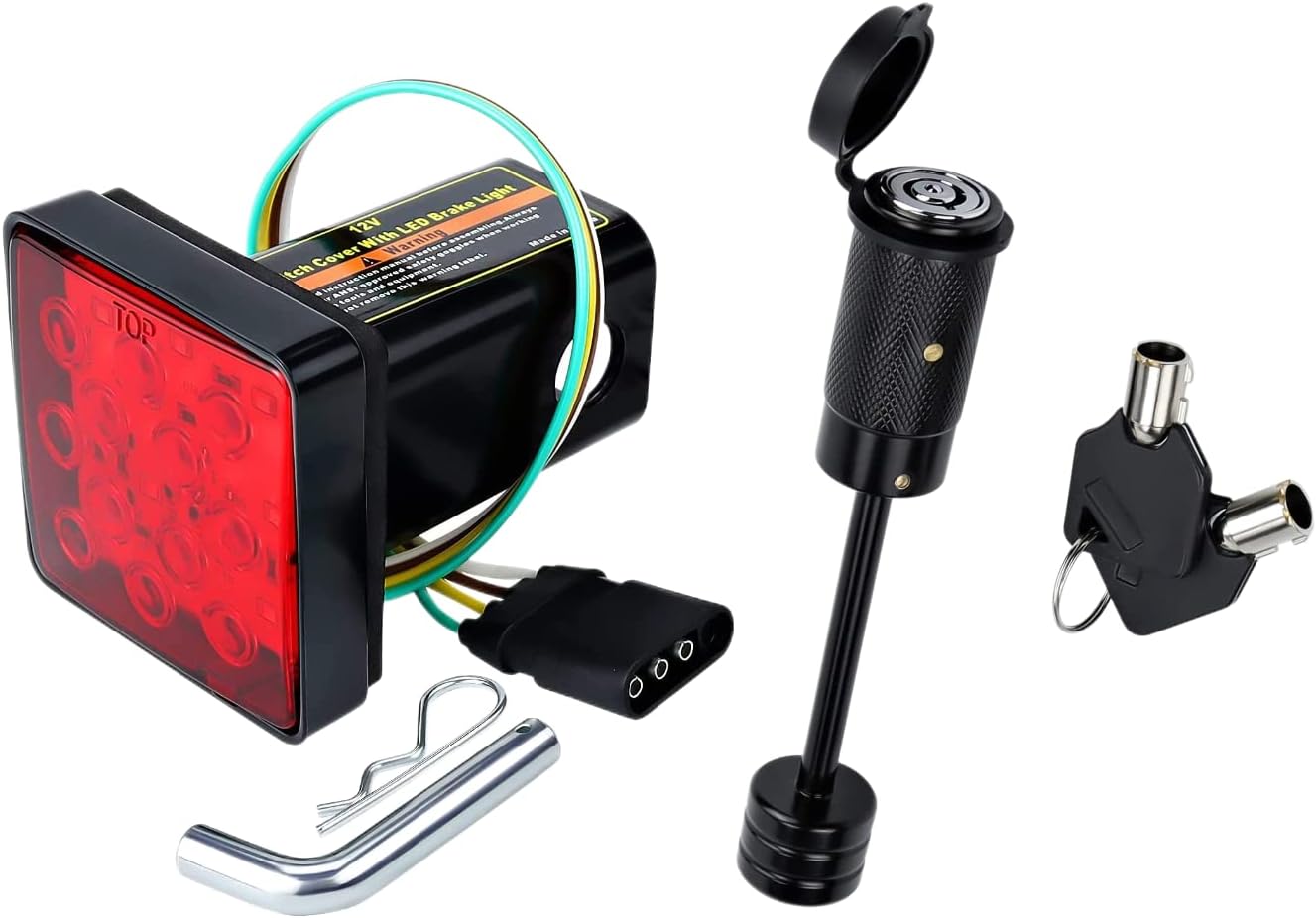 Trailer Hitch Receiver Cover with 12 LEDs Red Brake Light with Trailer Hitch Coupler Locking Pin 1/4 Inch Diameter 2-1/2 Inch Long for Towing Truck RV and SUV