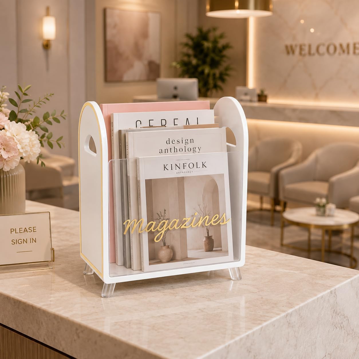 Khen Acrylic Magazine Rack Holder & Gold Trim - 12.40" x 10" x 4.49" - Crystal Lucite Clear - Shatterproof - Open Top - Space Saver - For Magazines, Publications, Office Desk, Reception, Waiting Room image 3