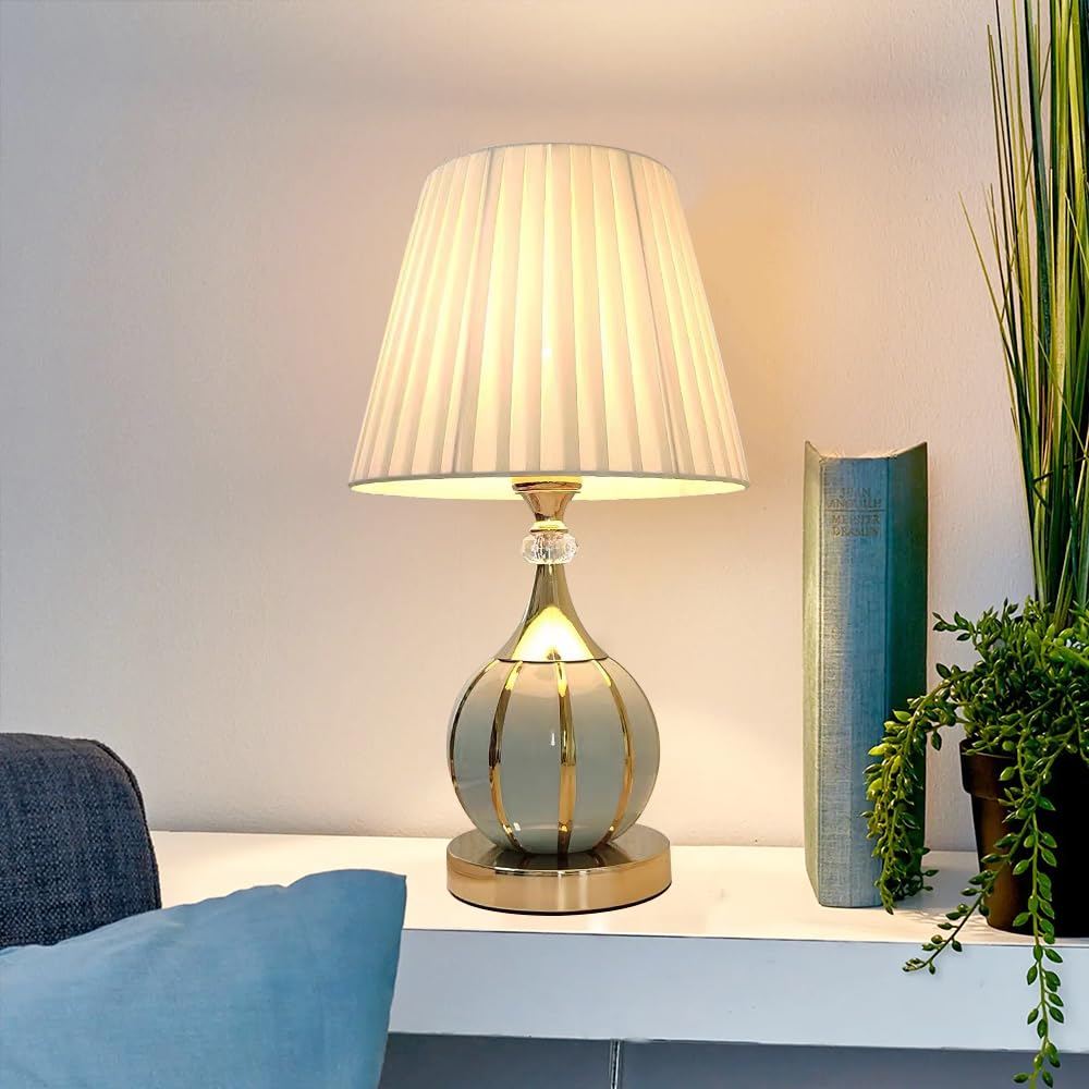 Lámparas Para Mesita De Noche Lámpara De Mesa De Noche De Cerámica, Lámpara De Escritorio De Lujo Moderna E27, Mediterráneo Retro Para Oficina, Sala De Estar Comedor Oro blanco (azul)