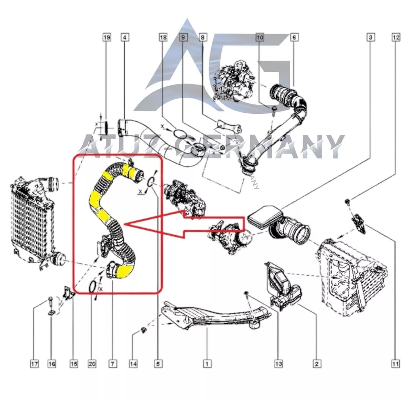 AG® Tuyau turbo d'origine pour Nis san Qash qai II SUV DCi 130 144604BE2C, 144604BE1B, 144604BE2B, 144607FY0A, 14460-HX40B, 14460-HX40D, 14460HX40D, 14460HX40HX40D 40B