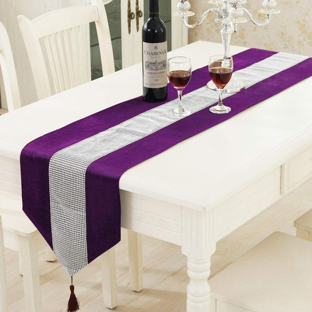 Time to Sparkle Luxury Velvet Diamante Table Runner Thick Velvet Chenille Satin Tasseled Christmas Xmas (purple, Runner 31x183cm)