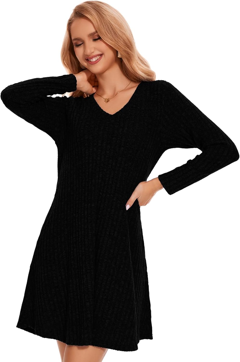 ZENNILO Women Plus Size Sweater Dress Long Sleeve Dress for Women Basic V Neck Fall Winter Tunic Dresses with Pockets - Image 5