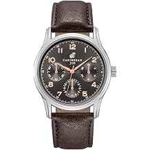 CARIBBEAN JOE Mens Watch, 41mm Round Case, Silvertone, Dark Brown Sunray Dial, Rose Gold Arabic Markers, Decorative Dial Markers, Dark Brown PU Strap