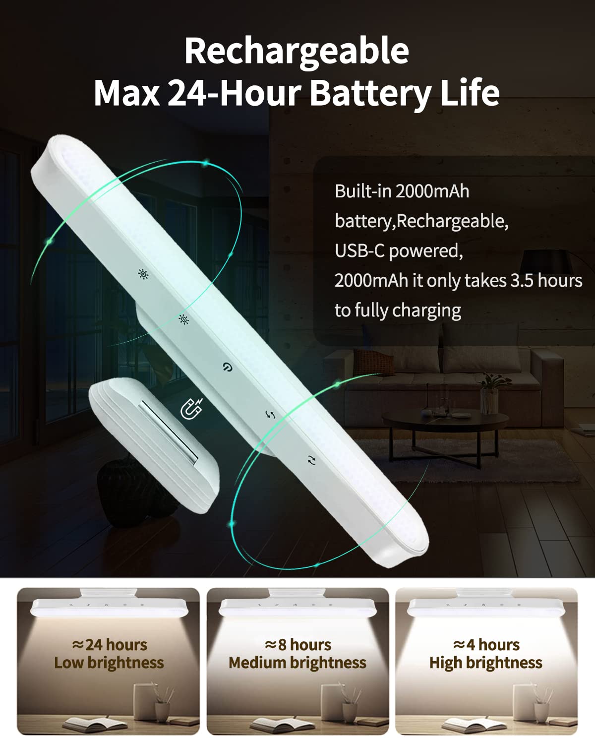 Under Counter Lights for Kitchen,1000LM 2000mAh Under Cabinet Lighting Touch Control Magnetic Closet Light Adjustable Color Temperature/Brightness Rechargeable Light for Kitchen,Shelf,Cabinet