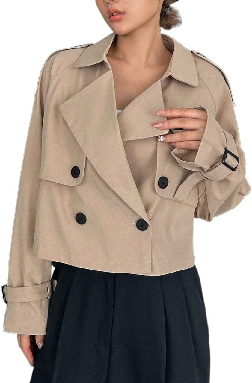 Women's Trench Coat Casual Business Double-Breasted Short Trench Coat Long Sleeve Classic Overcoat