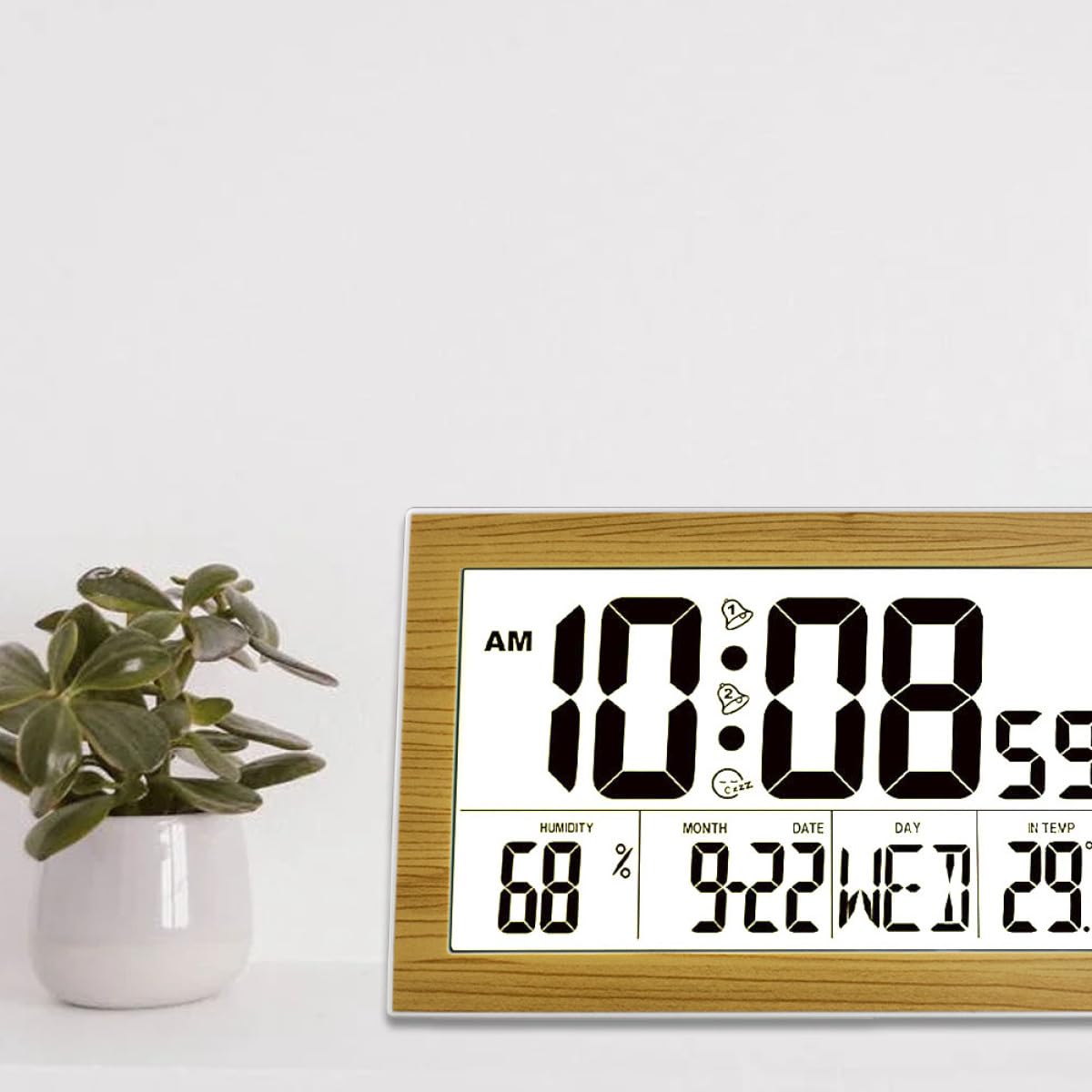 ULTECHNOVO Reloj Despertador Digital Multifunción de Pared y Sobremesa, Pantalla Grande Luz Trasera, Termómetro Integrado, Calendario Perpetuo, Color Madera Bambú, Adecuado para Hogar