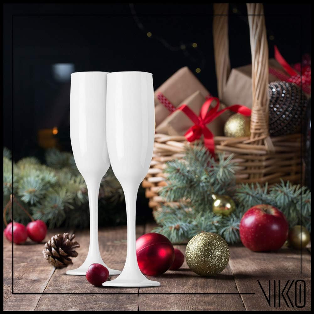 Vikko Décor White Champagne Flutes | 6 Ounce Capacity – Perfect for Parties, Weddings, and Everyday – Thick and Durable – Dishwasher Safe – Set of 6 Sparkling Wine Glasses
