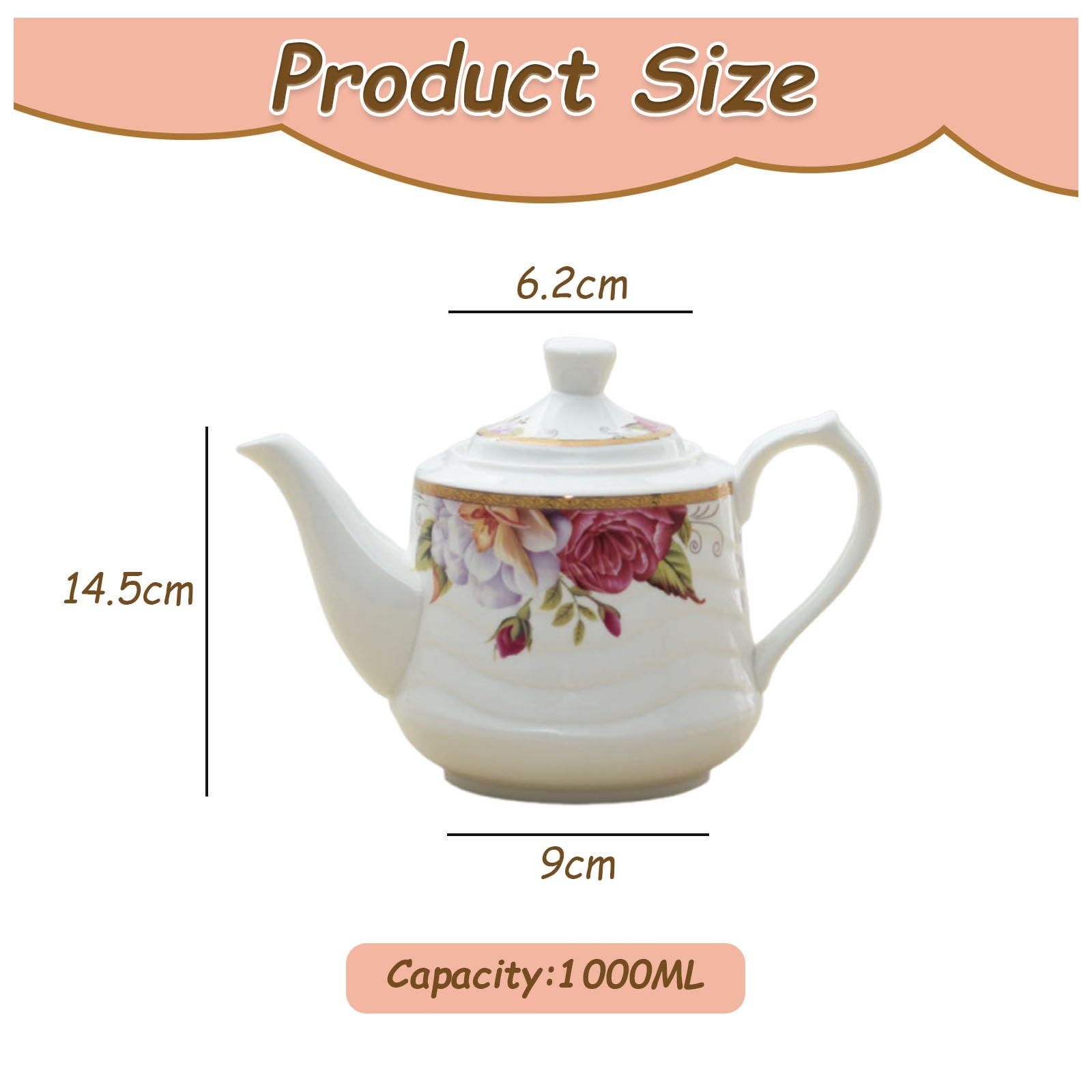Porcelanowy czajniczek w stylu vintage, odporny na wysokie temperatury, zestaw do herbaty, popołudniowa herbata, dzbanek do kawy, do biura, domu, ze złotym brzegiem, pojemność 1000 ml