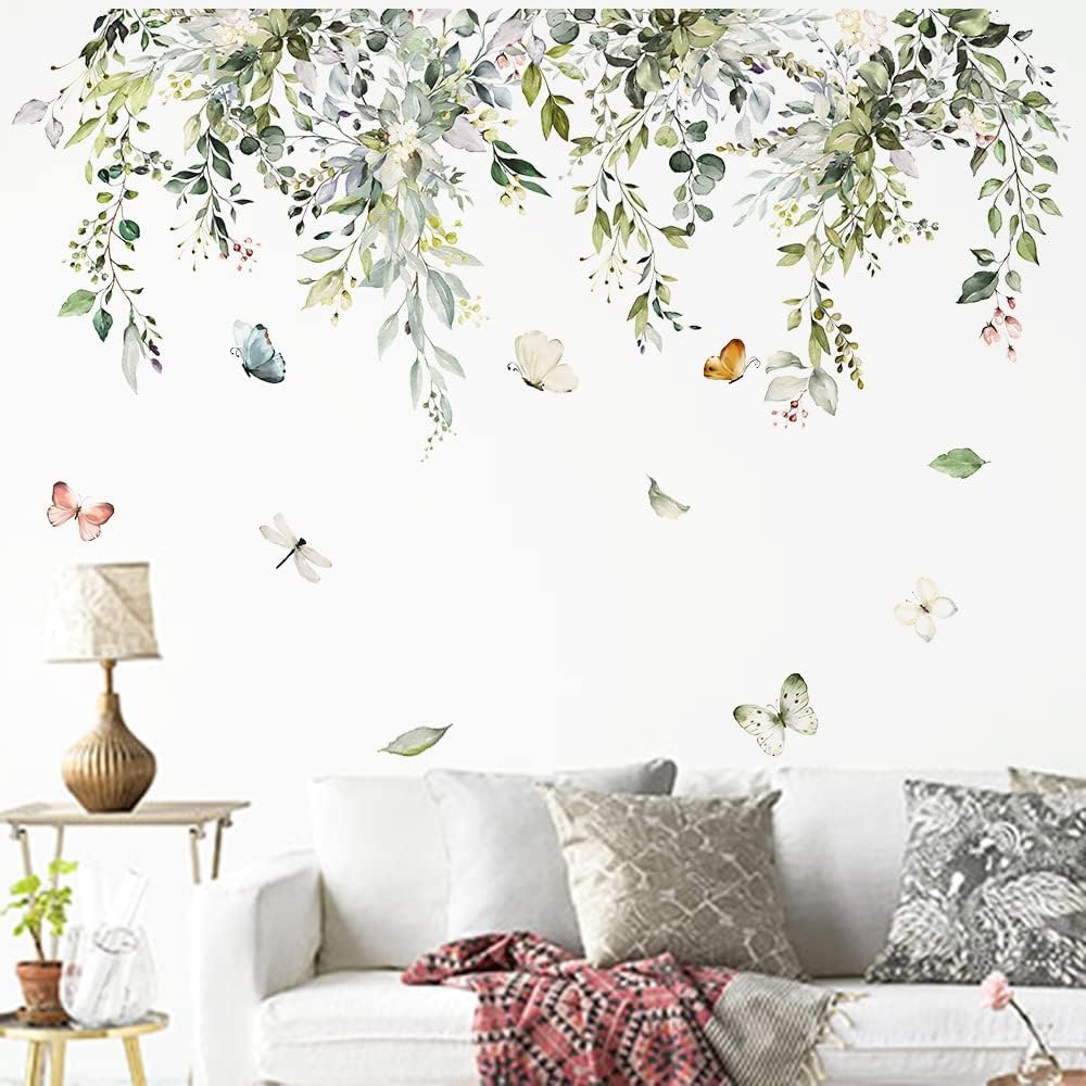 X spring Wall Sticker, 2 Pieces Green Plants Wall Sticker, 30 90 cm Wall Decal Butterfly Wallpaper, Peel and Stick Removable Wall Stickers Decor for Kids Baby Bedroom Living Room Offices Classroom