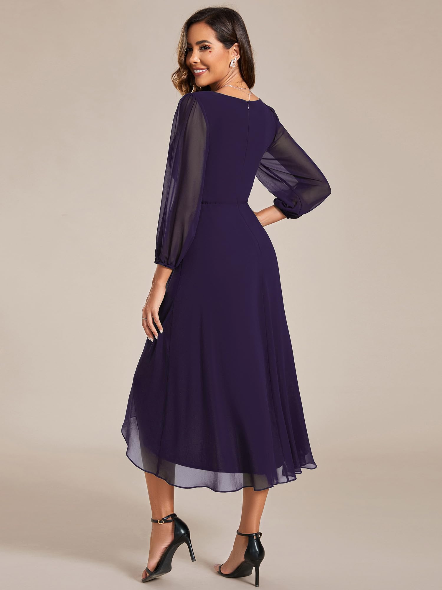 Ever-Pretty Robe de Soirée Femme A Line High Low Col V 3/4 Manches pour Mariage Chic EG01926
