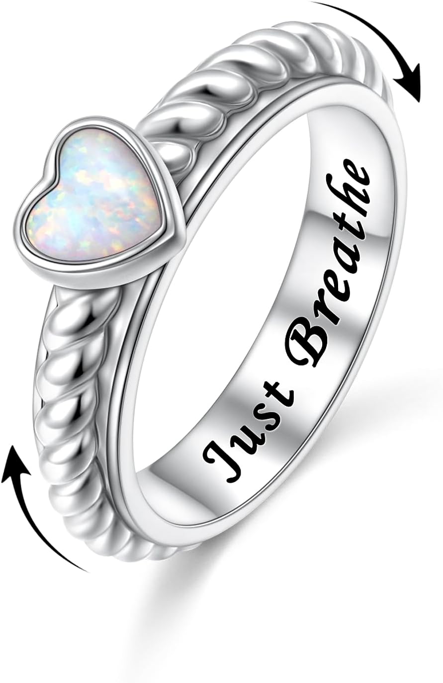 FLYOW Just Breathe Spinner Ring 925 Sterling Silver Opal Heart Let Them Just Breathe Anxiety Relieve Rings for Women Boredom ADHD Autism Anxiety Fidget Rings Inspirational Let Them Jewelry