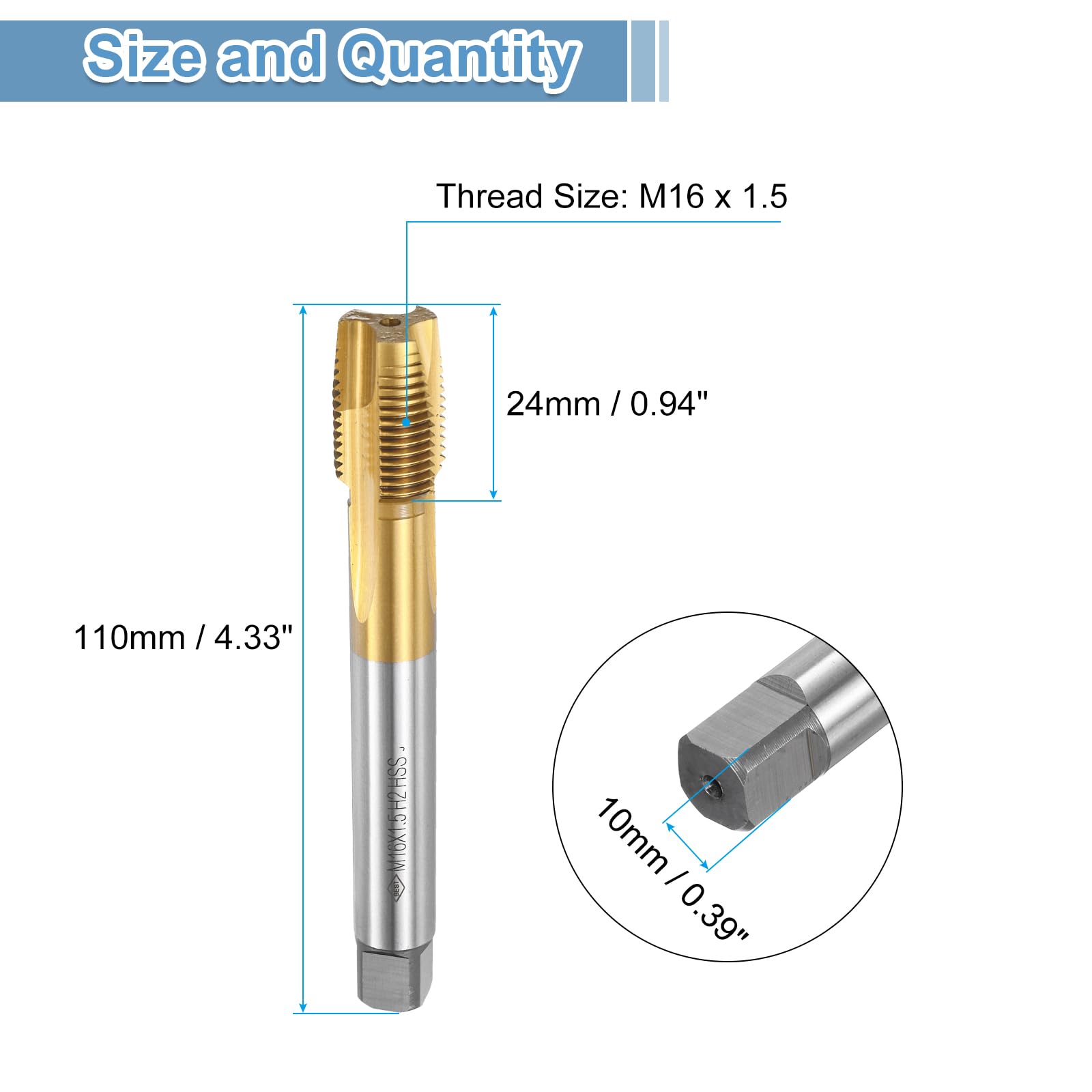 uxcell Spiral Point Plug Threading Tap M16 x 1.5 Thread, Ground Threads H2 3 Flutes, High Speed Steel HSS 6542, Titanium Coated, Metric Screw Taps Tapping Bit for Thread Repair