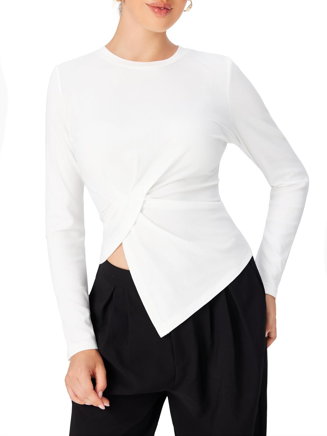CIDER Long Sleeve Tops for Women Trendy Crew Neck Asymmetrical Hem Ruched Twist Front Going Out Tops Spring Fall Fashion - Image 3