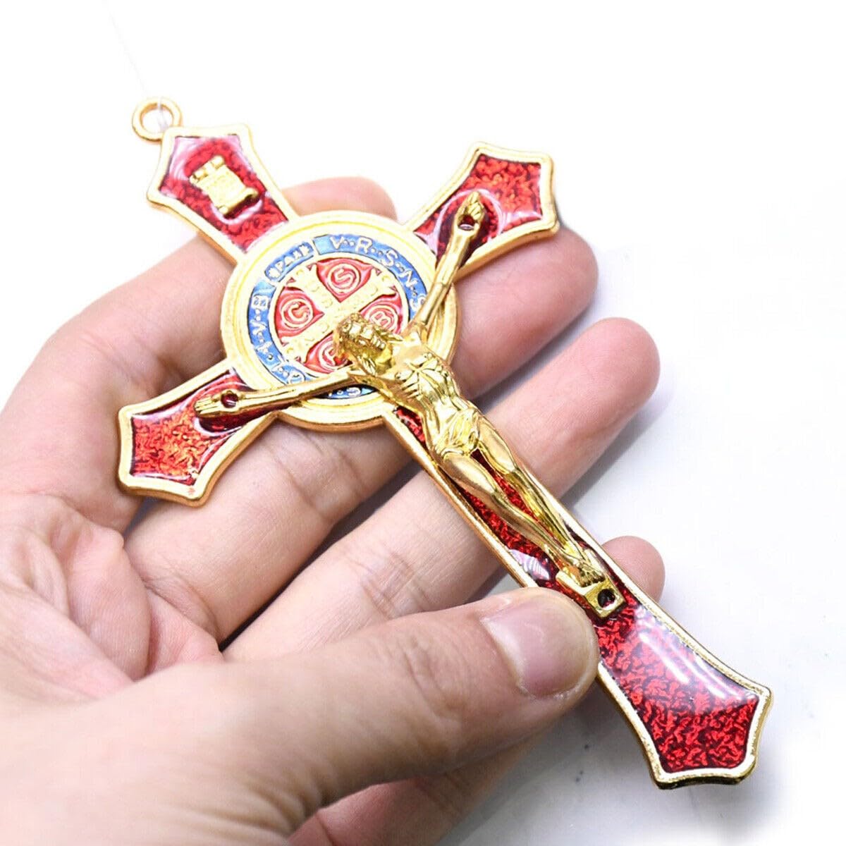 BRAVECOW Vintage Wall Decoration Wood Metal Hand Hold Cross Crucifix Jesus Holy Religious Carved Christ (Red) - Image 4
