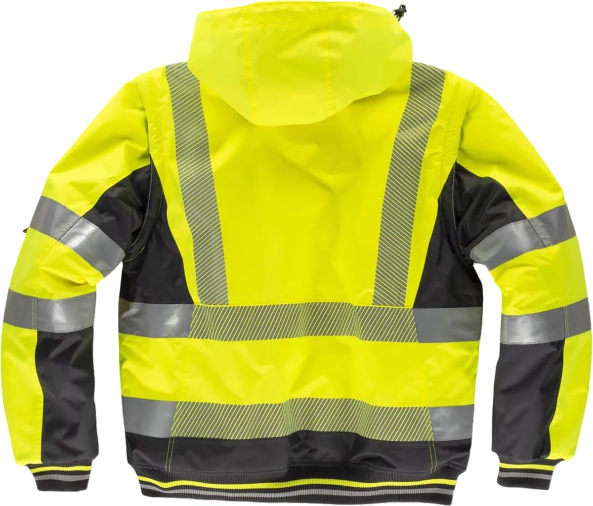 WORKTEAM Cazadora Piloto Alta Visibilidad Impermeable Acolchada con Mangas Desmontables, Capucha, Cintas Reflectantes Segmentadas, para Frío Intenso (580 gr/m2), Hombre