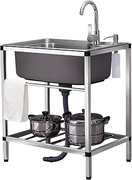 Stainless Steel Sink,Stainless Steel Outdoor Sink,Stainless Utility Sink,with Bracket Thickened 304 Steel,hot and Cold Faucet, Suitable for Home Kitchen, Hotel, Outdoor Garden Color Silver, Size