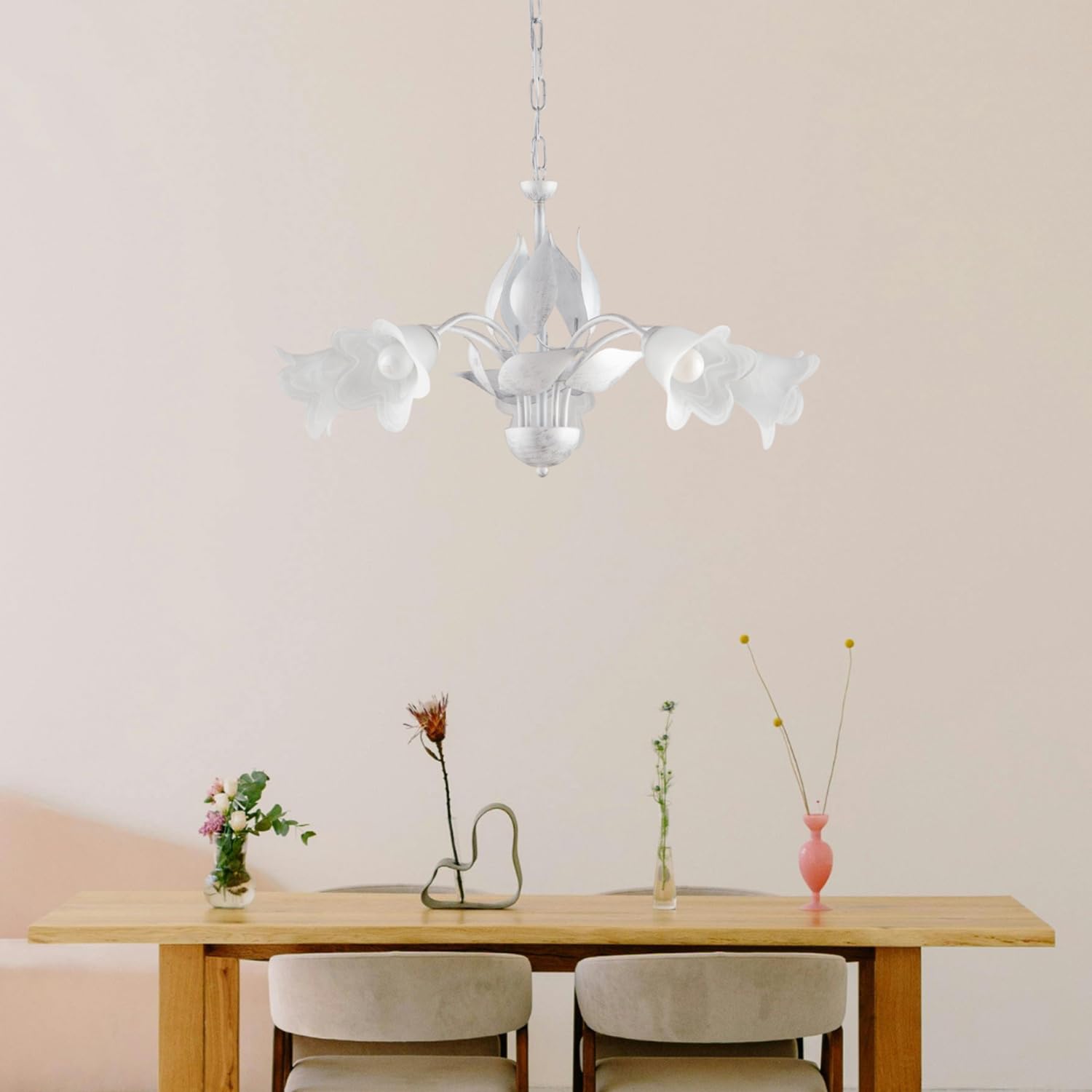 Lampadario 5 Luci Ferro Battuto e Vetro Bianco e Argento Serie Olga