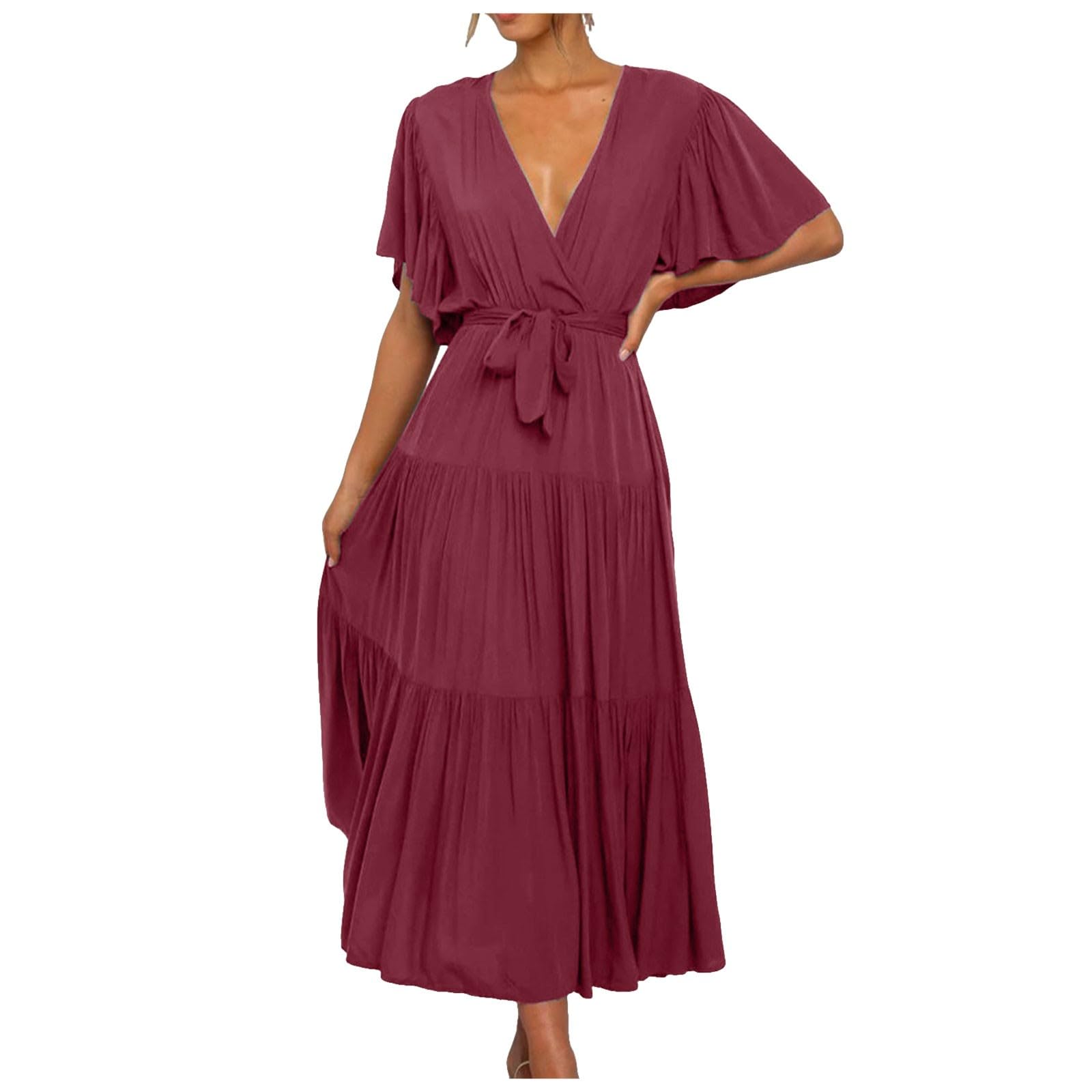 Robe Femme Chic Longue Robe Blanche Col en V Ete Pas Cher Grande Taille Robe Rétro Maxi Robe Lâche Imprimé Florales Bohème Ete Mi-Longue Dress Cotton en Line Tendance Robe Ceremonie Femme