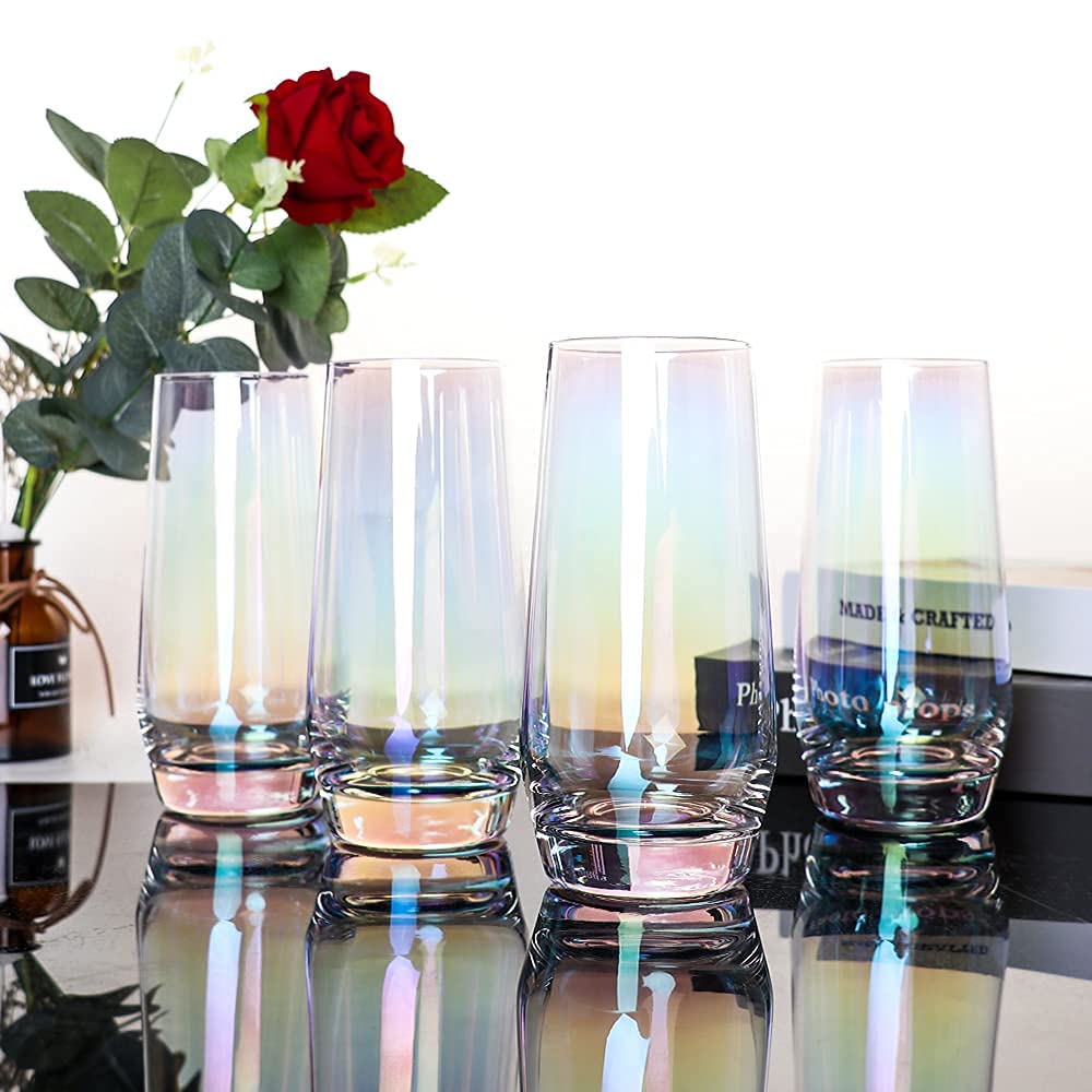 Vasos Highball coloridos, juego de 4 cristalería iridiscente de 18.5 onzas sin plomo para bebidas mixtas, jugo, cóctel, paquete de regalo (coloridos)