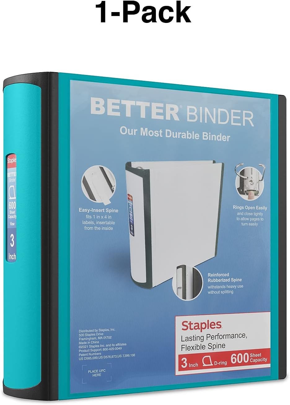 STAPLES 3 Inch BetterView Binder with D-Rings (Teal) : Office Products