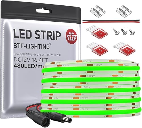 BTF-LIGHTING FCOB - Tira LED COB de color verde, 480 LEDsm, 16.4 pies, DC12V, flexible, de alta densidad, luz uniforme de 0.315 in de ancho,