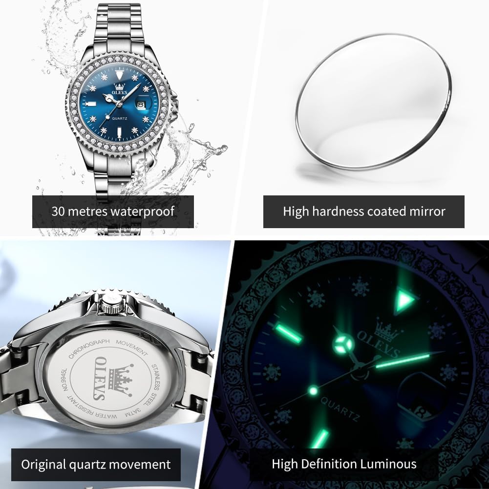 OLEVS Watches for Women Diamond with Date Luxury Leather Female Waterproof Women Wrist Watch Analog Dress Stainless Steel Ladies Watch Luminous Calendar Women Watch Green/Blue/Purple Dial - Image 5