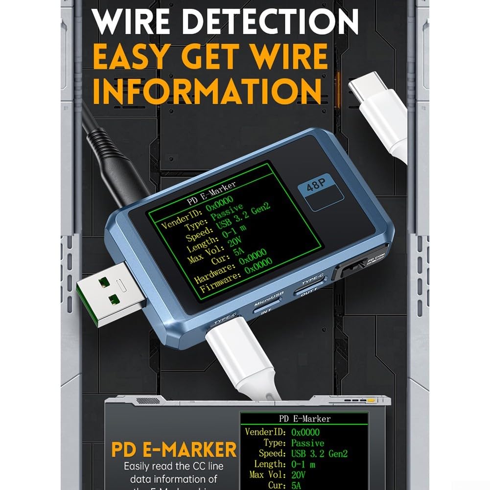 FNB48P USB Tester Voltmeter Amperemeter mit 1,44 Zoll TFT Display für PD für qc2.0 für qc3.0 FCP AFC Schnellladung Trigger Erkennung für e-marker Lesen und präzise Spannung Strom Messung Type-C