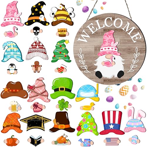 Seasonal Gnome Wall Decor Set, 11.8 inch Autumn Wooden Round