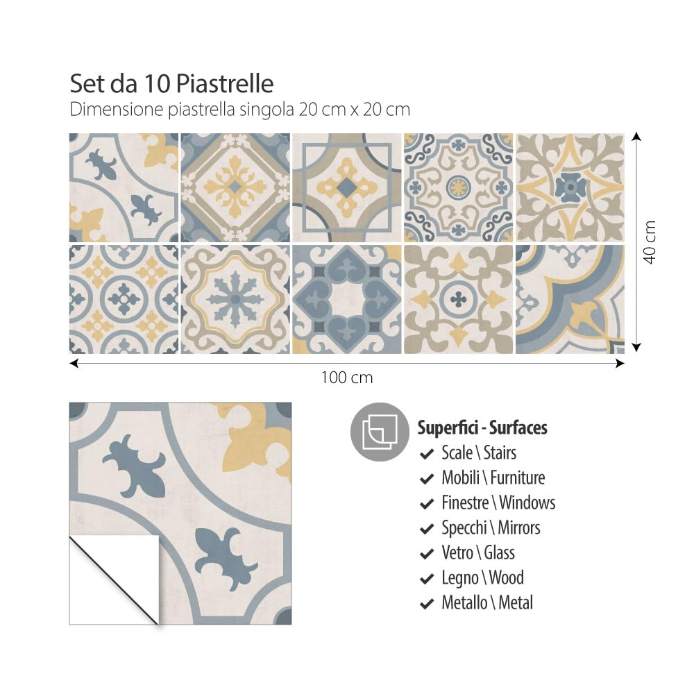 RE-COVERTILES - Adesivi per Piastrelle Bagno e Cucina 10 Pz 20x20 cm - PS00199 Decorazione murale in PVC Impermeabile mattonelle Mosaico Stile cementine Azulejos