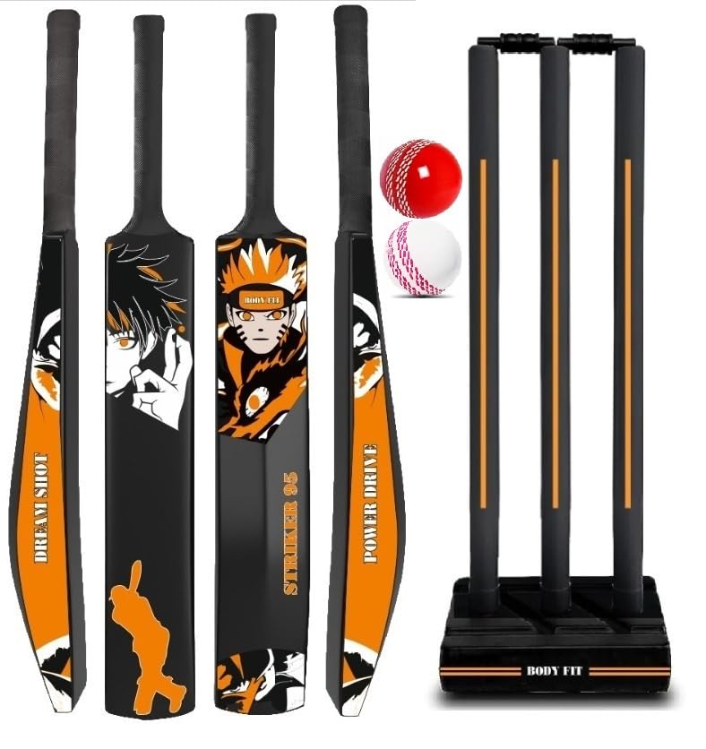 Image of Bodyfit Premium T-20 Cricket Bat for Men, Women & Children | Lightweight| Full Size| | Hard Plastic Bat| Cricket Wicket Set l 3 Stumps+2 Bails+1 Stand Set, 2 Balls, S-95. (Black-Orang)