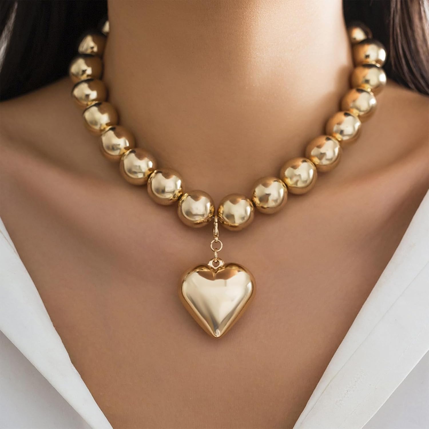 YANCHUN Chunky Heart Necklace Chunky Gold Pendant Necklaces for Women Trendy Large Beads Statement Heart Charm Necklace Jewelry Gifts - Image 2