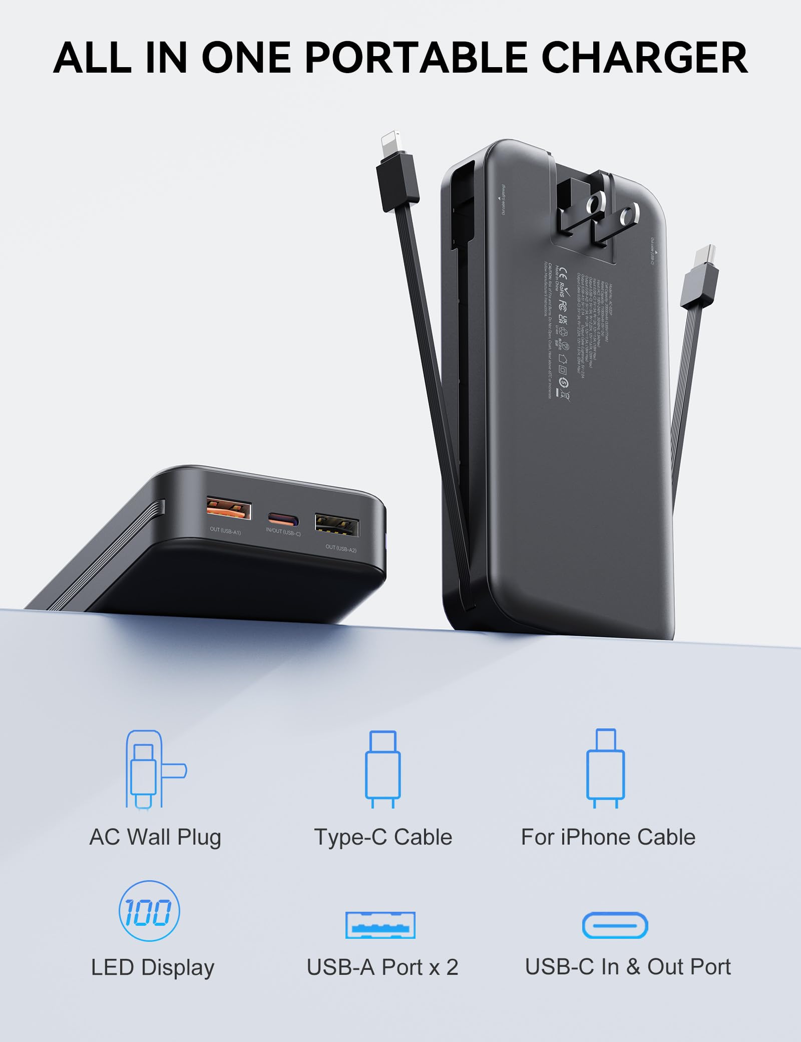 Nusyddy Caricabatterie portatile con cavo integrato e spina a muro AC, USB C Power Bank 20000 mAh 22,5 W, ricarica super veloce, caricabatterie portatile leggero per telefono, batteria da viaggio per