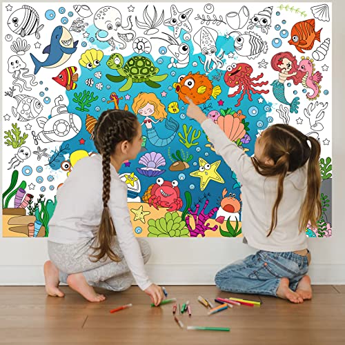 Howaf Under The Sea Coloring Poster With 24 Pcs (12 Colors) Paint Pens - Ocean Animal Jumbo Paper Coloring Banner, Sea Animals Giant Paper Coloring Tablecloth For Summer Party Facors Class Family Kids Birthday Activities #TOP6