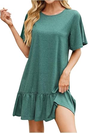 Womens Solid Color Round Neck Loose Short Sleeve Pleated Dress Ruffle Hem Mini Babydoll Dresses Flowy Sundress