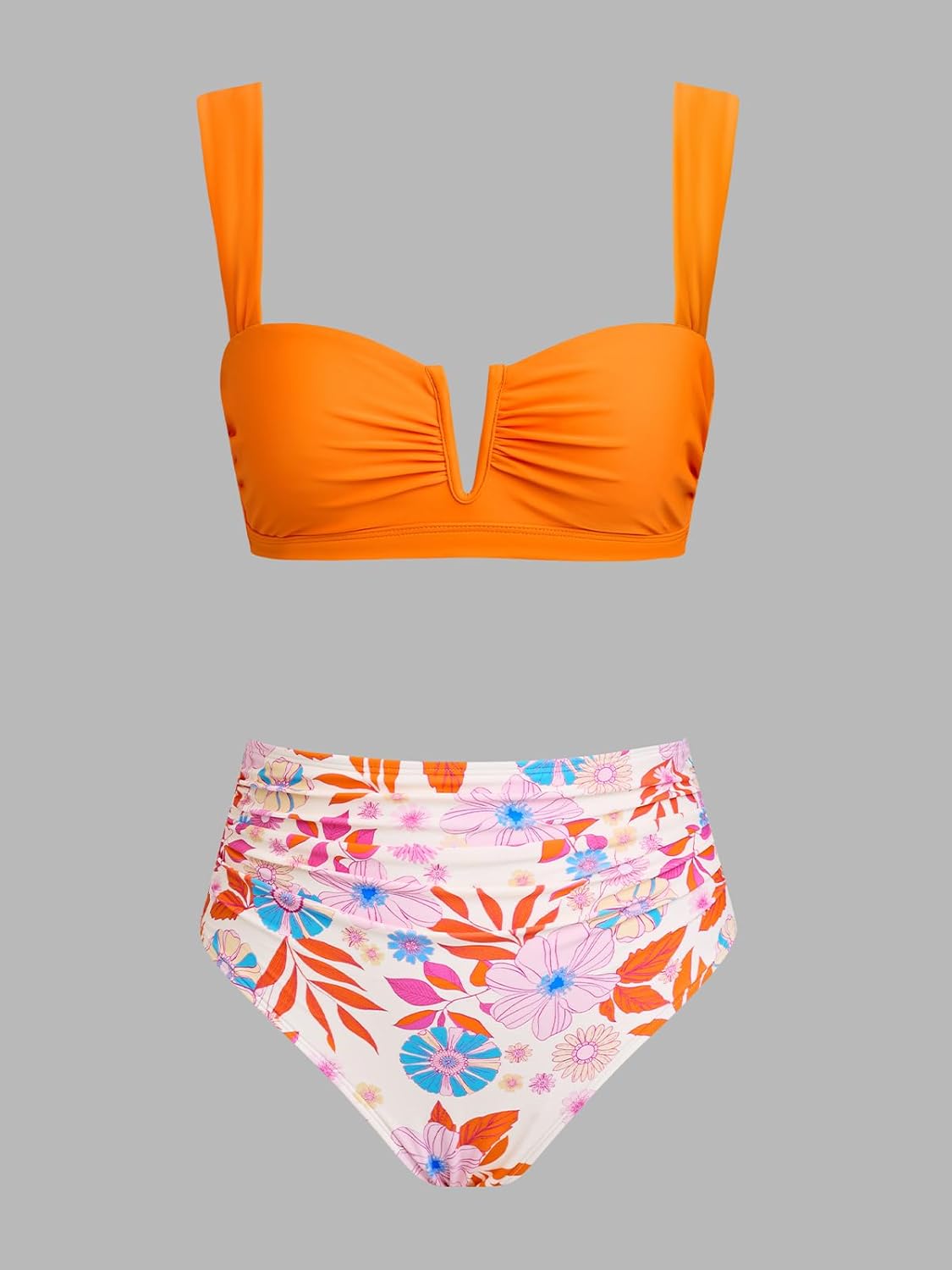 CUPSHE Women's Bikini Set High Waisted Tummy Control Two Piece Swimsuit V Wire Bathing Suit Back Hook Ruched
