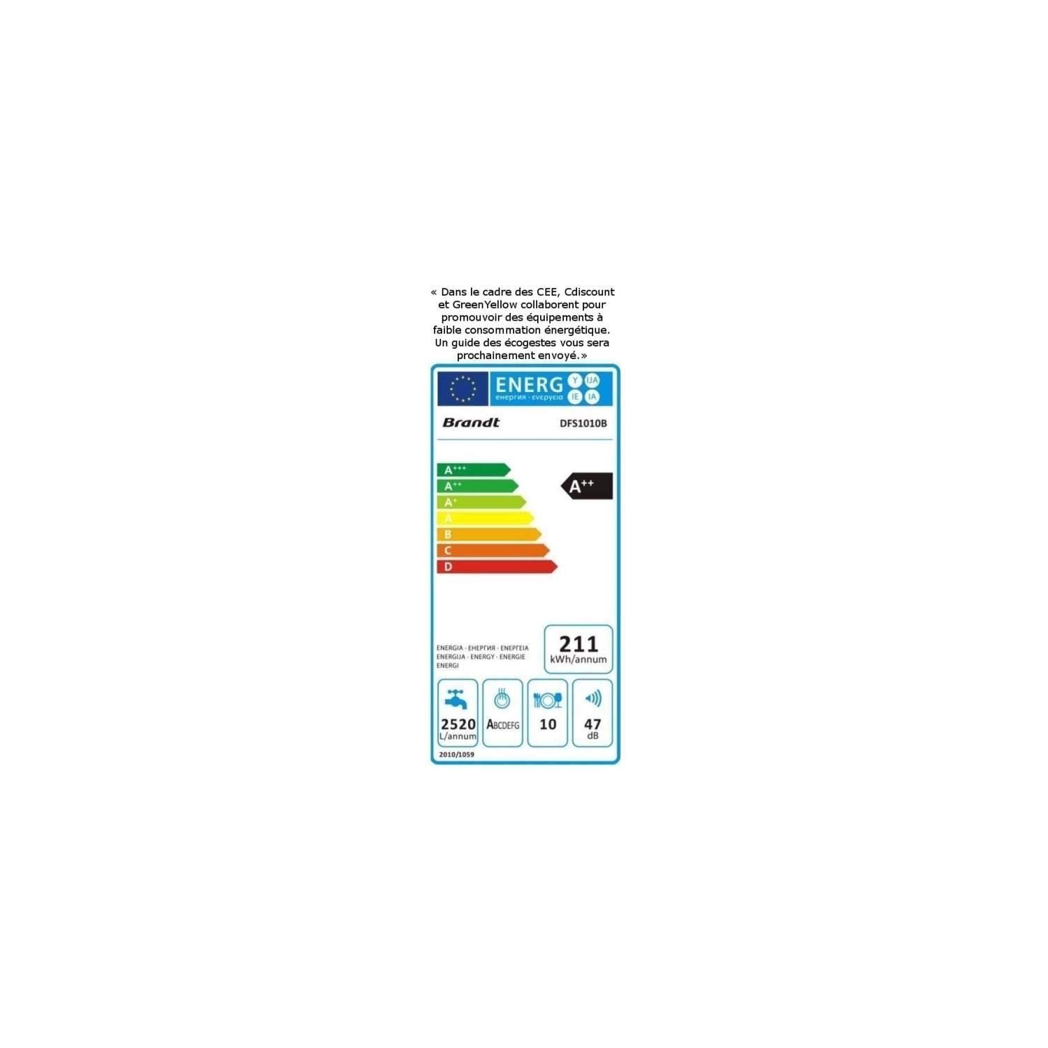 BRANDT DFS1010B Lave-vaisselle pose libre 10 couverts 45 cm 47 dB Noir