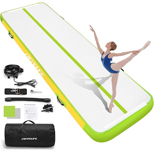 Hmtaolife Gymnastics Mat Air Tumble Track[with SHOULDER STRAP], 6.6/10/13/16/20ft Inflatable Training for Kids, Thickness Floor with Electric Pump Home/Water Fun/Train New Green/White