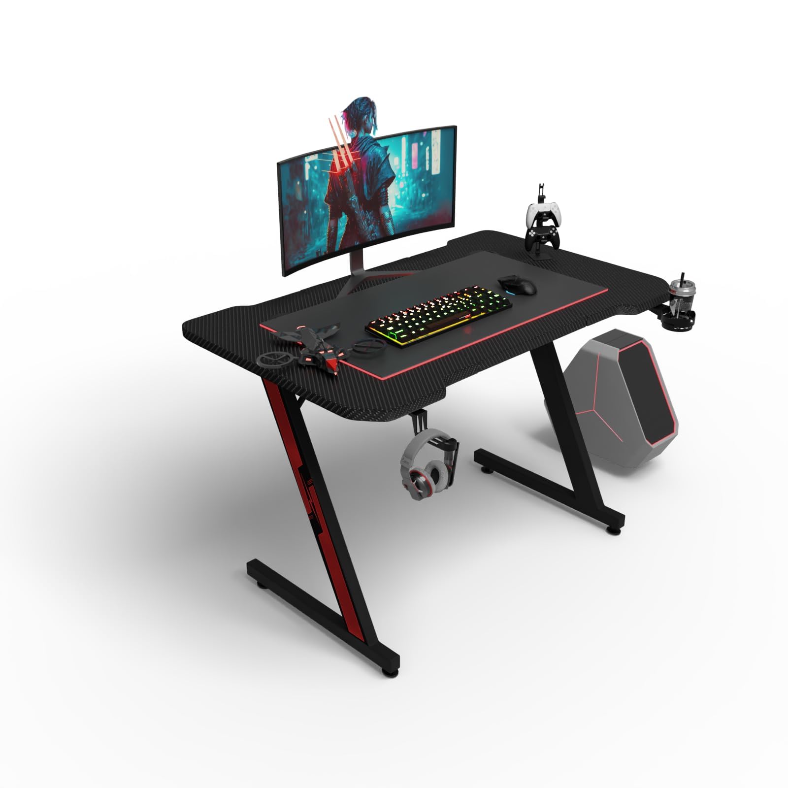 Scrivania Gaming LED 140x60 Cm - Con Portabicchieri, Gancio Cuffie, Superficie Carbonio, Nero