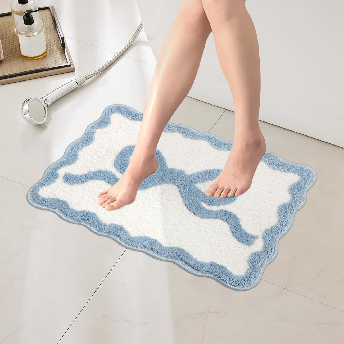 DALIUSE Blue Bow Bathroom Rugs, Preppy Scalloped Rug Cute Bath Mat Girly Shower Rug Coquette Aesthetic Bath Mat Bow Decor for Bedroom, Kitchen,