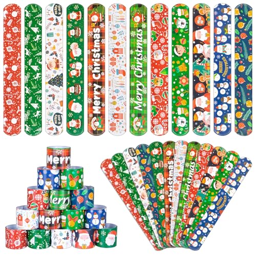 RICEDUO 36 Pieces Christmas Slap Bracelets for Kids, 12 Styles Colorful Christmas Slap Wristbands Bulk for Kids Xmas Party Favors Toys Prizes Goodie Bags Fillers