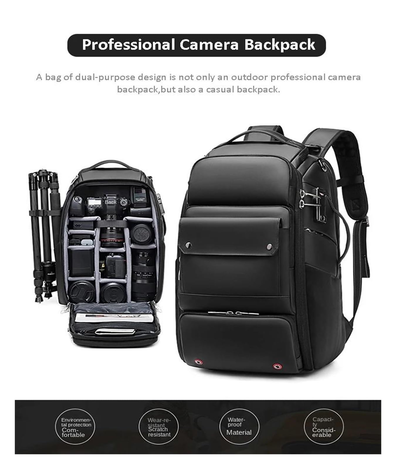 Borse per fotocamera multifunzionali, zaino per fotocamera impermeabile di grande capacità, per obiettivi reflex per Ca&no&n, treppiede, zaini