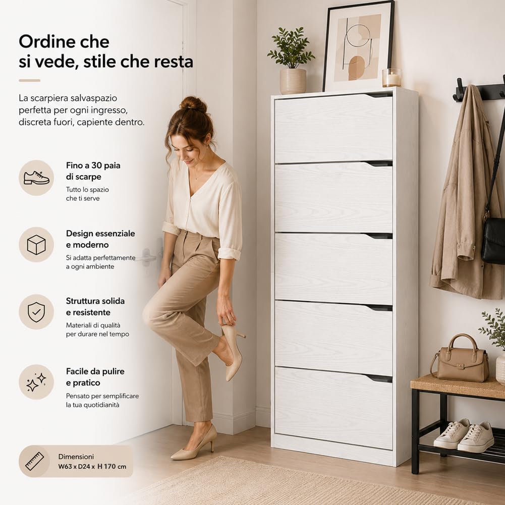 BAKAJI Scarpiera 5 Ripiani Salvaspazio con Maniglia a Scomparsa, Portascarpe con Struttura in Legno e Ante a Ribalta con Doppio Fondo, Capacità Fino a 30 Paia di Scarpe, 63 x 24 x 170 cm (Bianco)